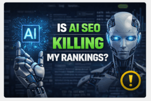 AI SEO illustration showing a robot and AI chip questioning whether artificial intelligence is impacting SEO rankings.
