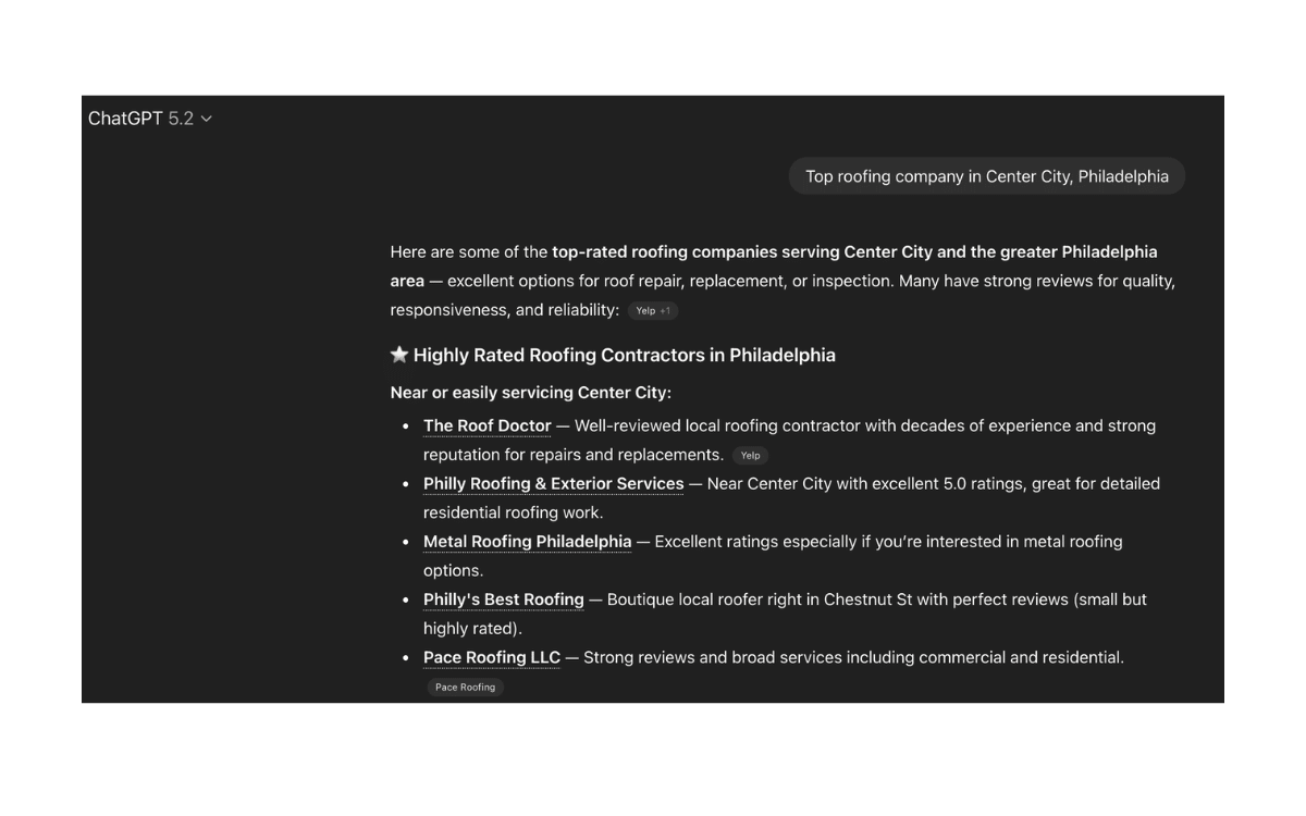 Screenshot showing ChatGPT recommending a DigiKai Marketing client