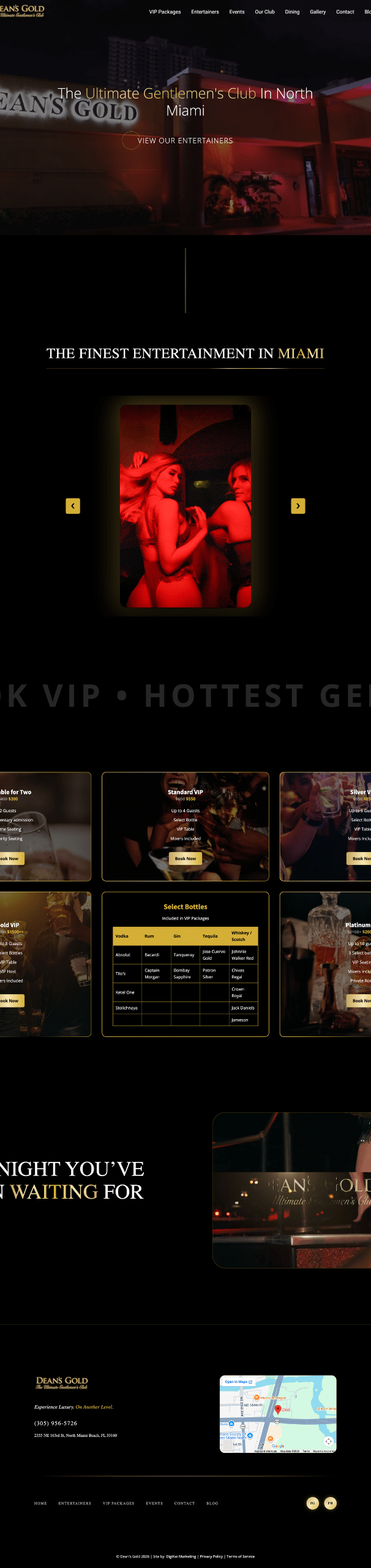 Dean’s Gold website project with black-and-gold branding and a cinematic Miami venue presentation