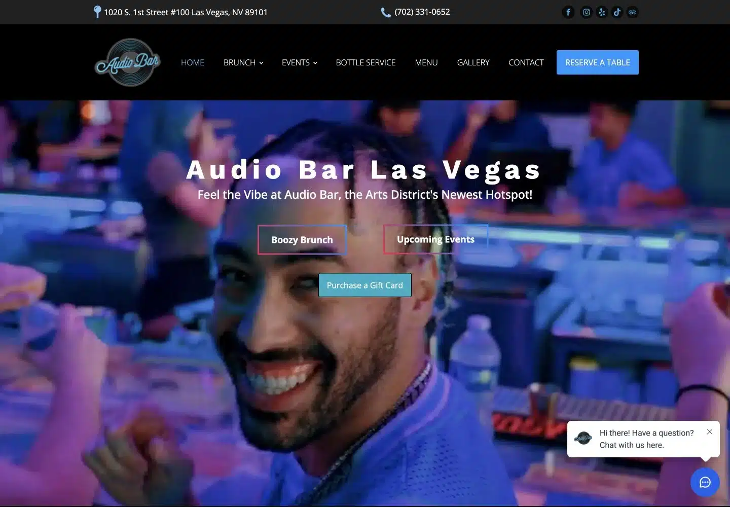Audio Bar Las Vegas website with nightlife imagery, brunch and event links, and a table reservation button