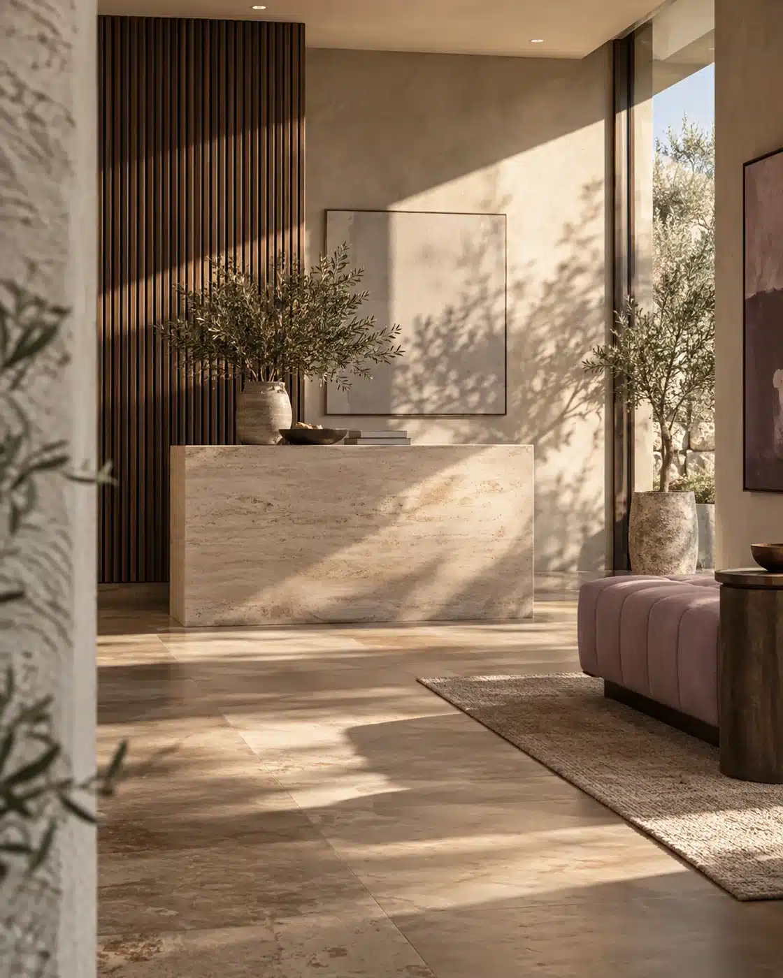 Concept illustration of a calm wellness practice reception with warm stone, natural light and muted lilac seating