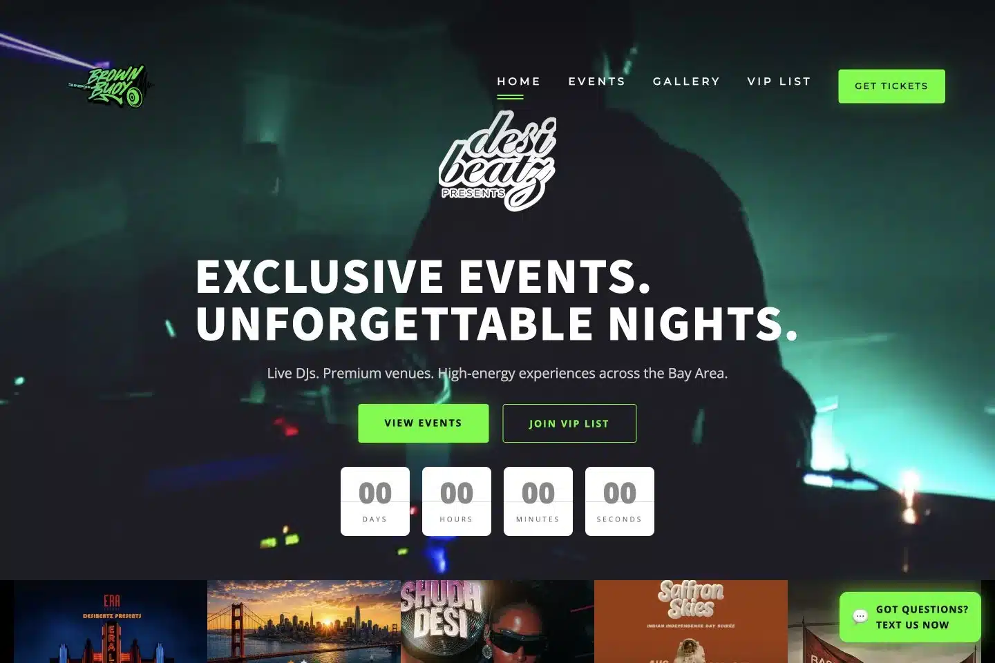 Desi Beatz SF website with bold event typography and prominent event and VIP calls to action