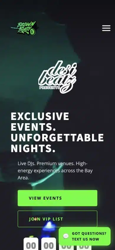 Real Desi Beatz SF mobile website with event and VIP signup actions