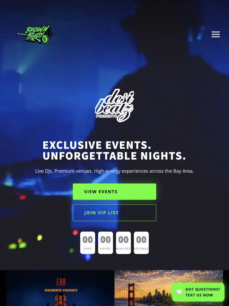 The same Desi Beatz website at tablet width, with a compact menu and stacked actions