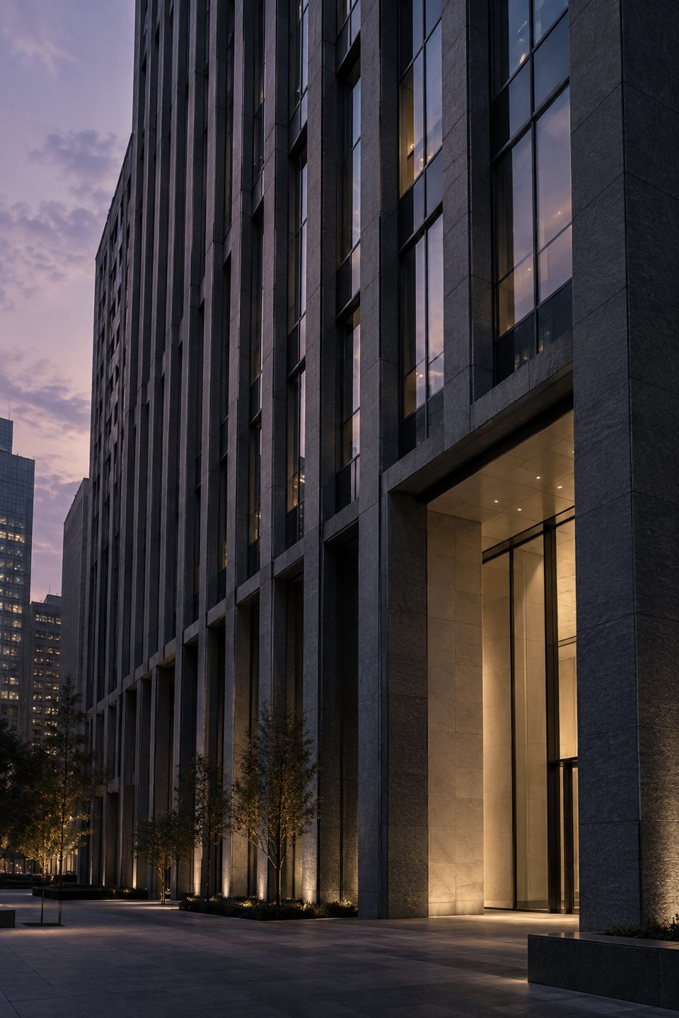 Graphite stone and glass facade with vertical lines and a softly lit entrance at dusk