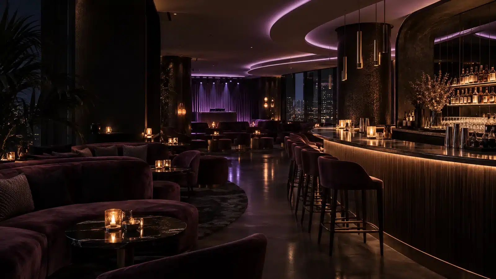 Conceptual upscale nightlife venue with a curved bar, plum seating, and lavender architectural lighting
