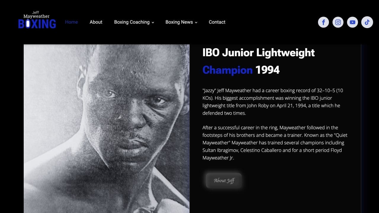 Jeff Mayweather website design with his boxing portrait, biography, and coaching navigation