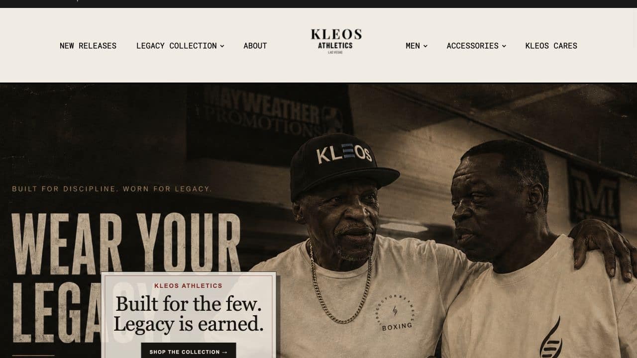 KLEOS Athletics e-commerce website featuring its boxing-inspired visual identity and collection navigation