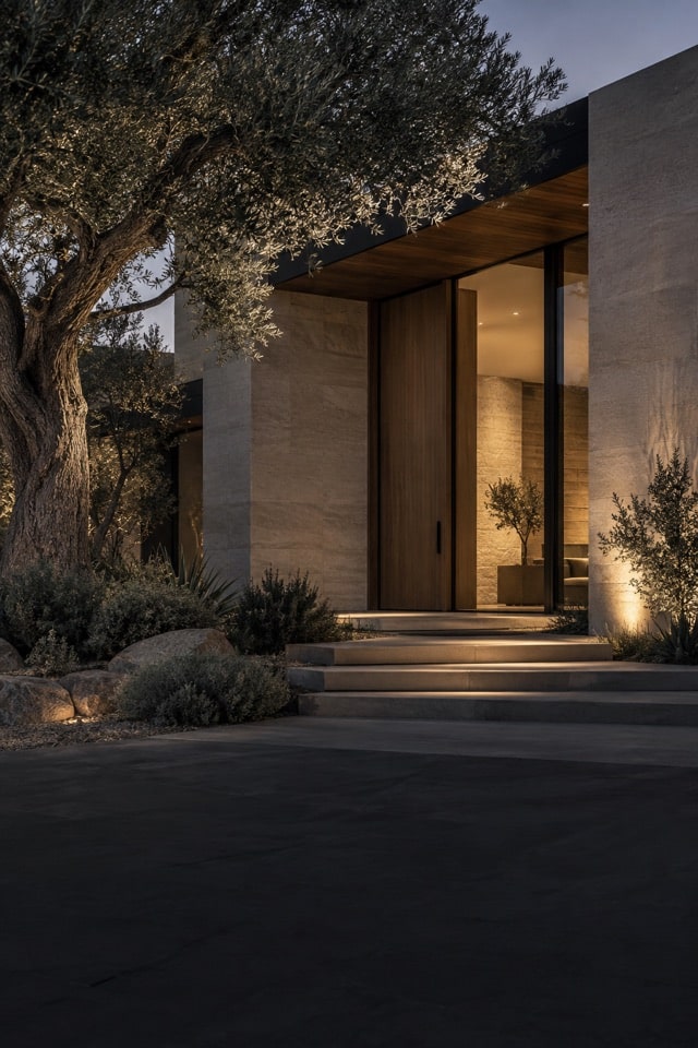 Warm modern home entrance with natural stone and an olive tree