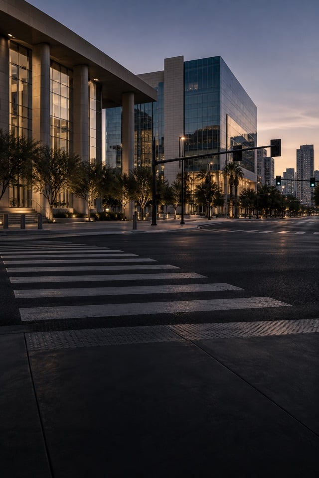 City intersection framed by stone and glass buildings at dusk