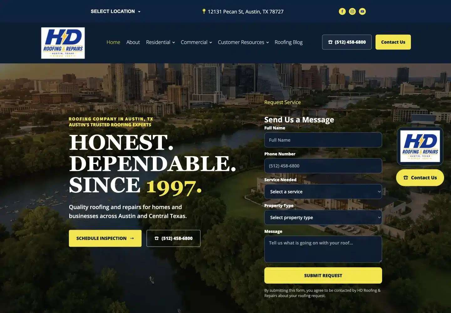 Real HD Roofing and Repairs desktop website with service request form and Austin skyline