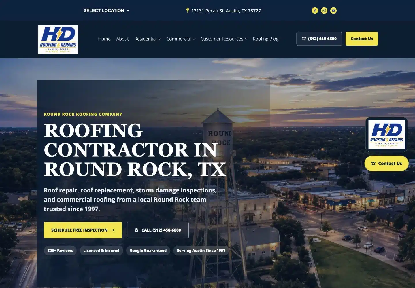 HD Roofing location page for Round Rock, Texas, with local service information and inspection links