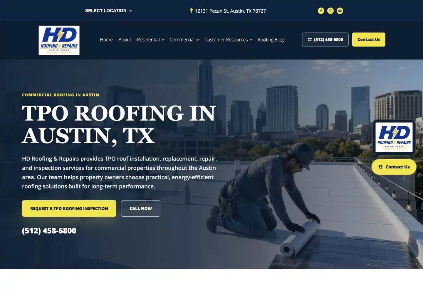 HD Roofing TPO roofing service page explaining a specific commercial roofing system