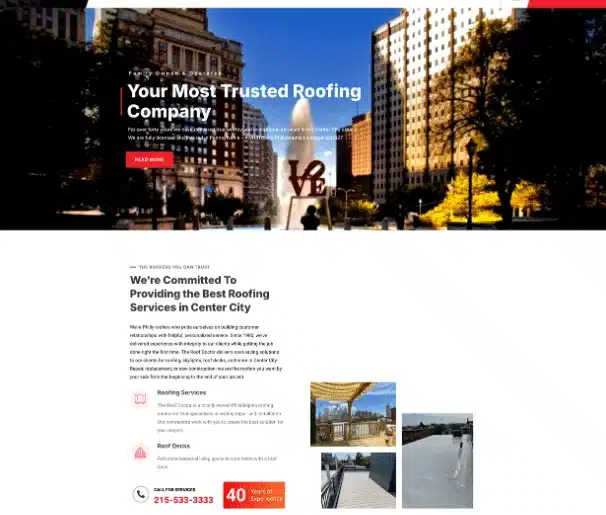 The Roof Doctor website showcasing Philadelphia roofing services and an inspection call to action