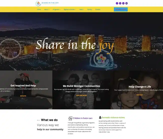 Share in the JOY nonprofit website with community programs, volunteer information and donation access