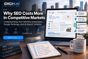 SEO costs in competitive markets illustrated with Google search rankings, local SEO results, AI recommendations, and digital marketing strategies by DigiKai Marketing.