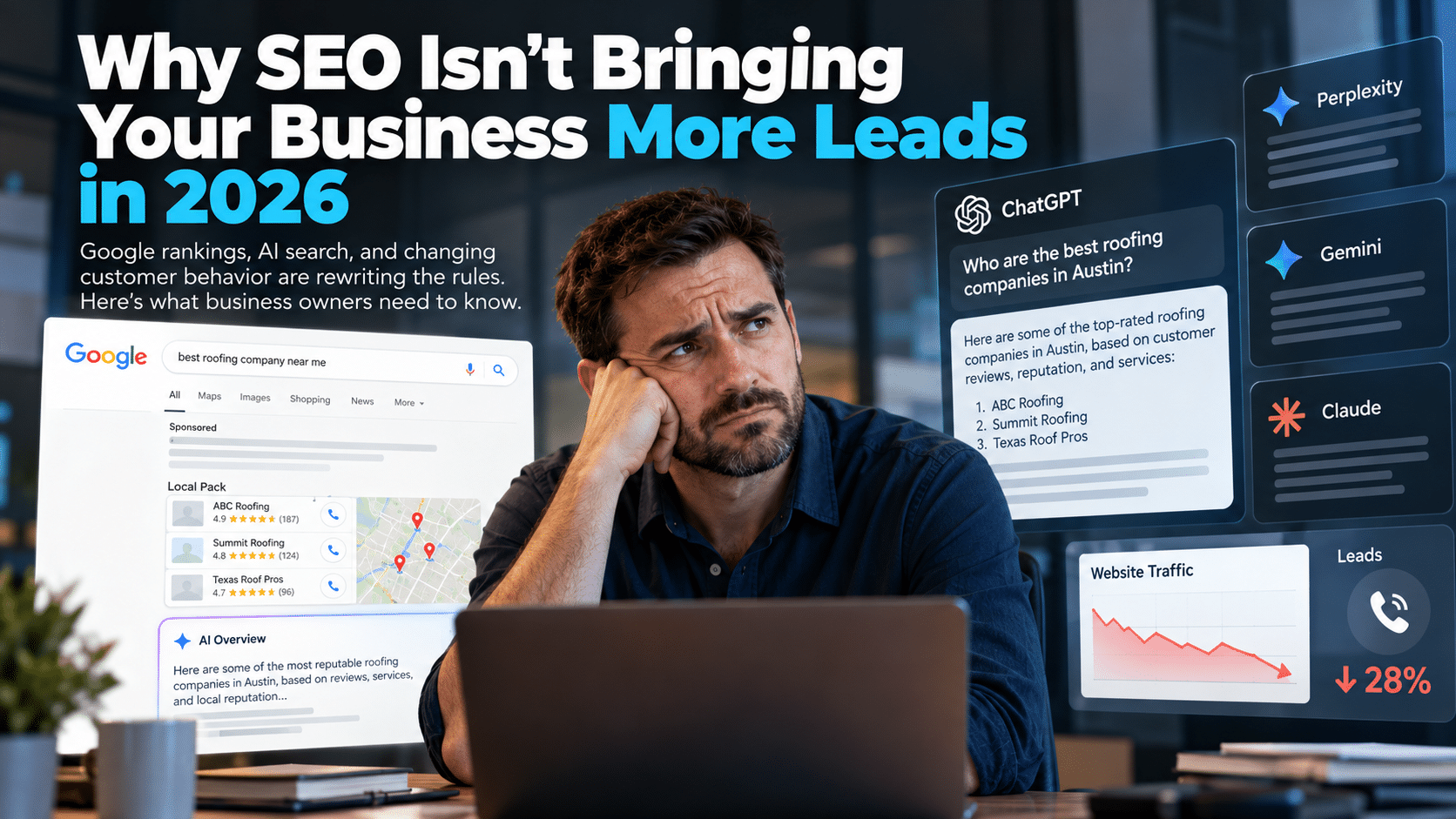 Business owner frustrated by declining SEO leads as Google rankings, AI search results, and changing customer behavior impact website traffic and lead generation in 2026.